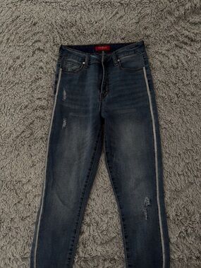 Guess Dark Blue Distressed Skinny Jeans with Silver Side Trim